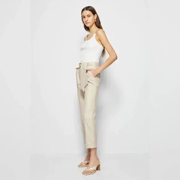 Jonathan Simkhai Tessa Vegan Leather Pants Womens 6 Tie Waist in Egret Khaki - Picture 9 of 16